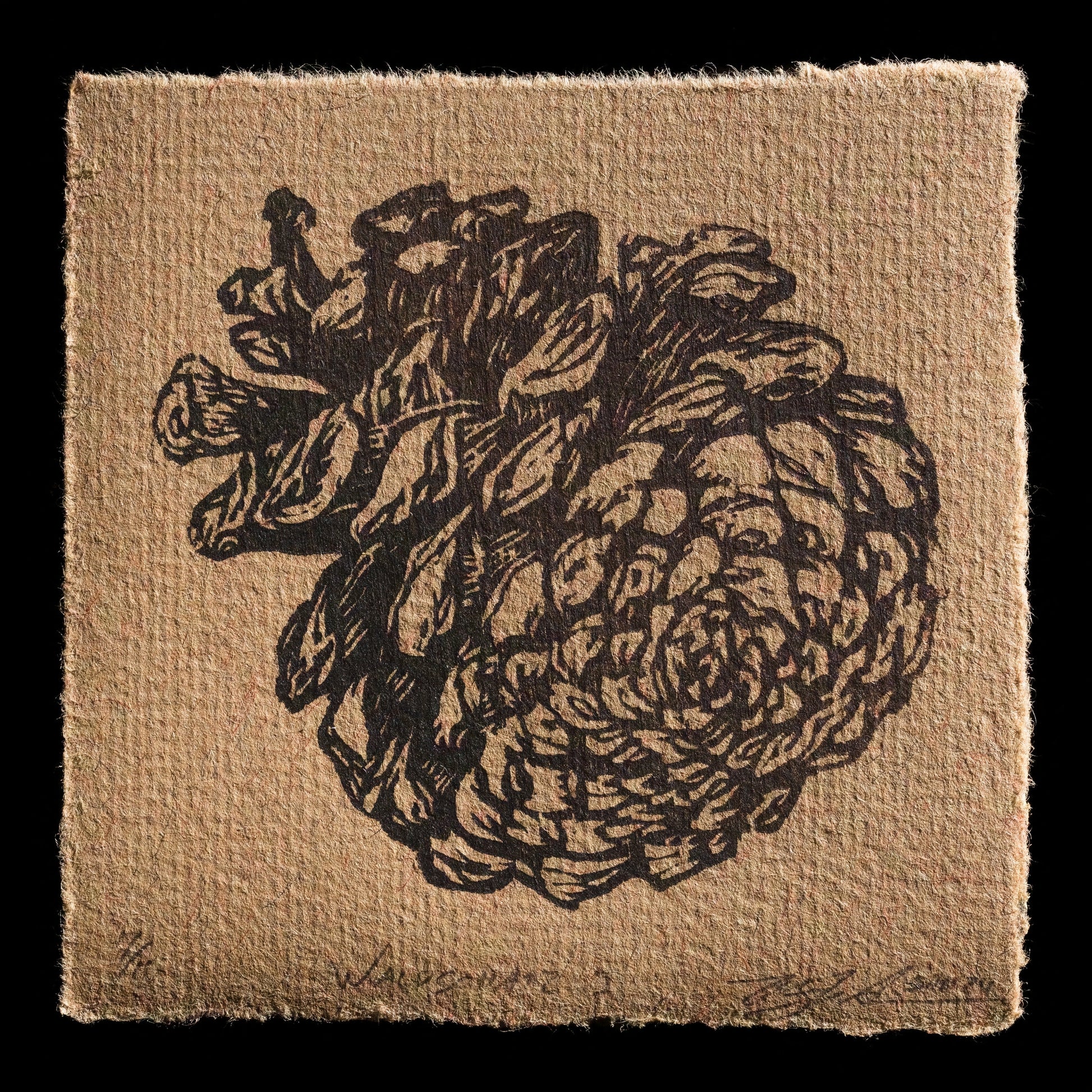 The image depicts 'Waldschatz I', a woodcut print by Toby M. Schreier, showcasing intricate details and textures on a brown background.