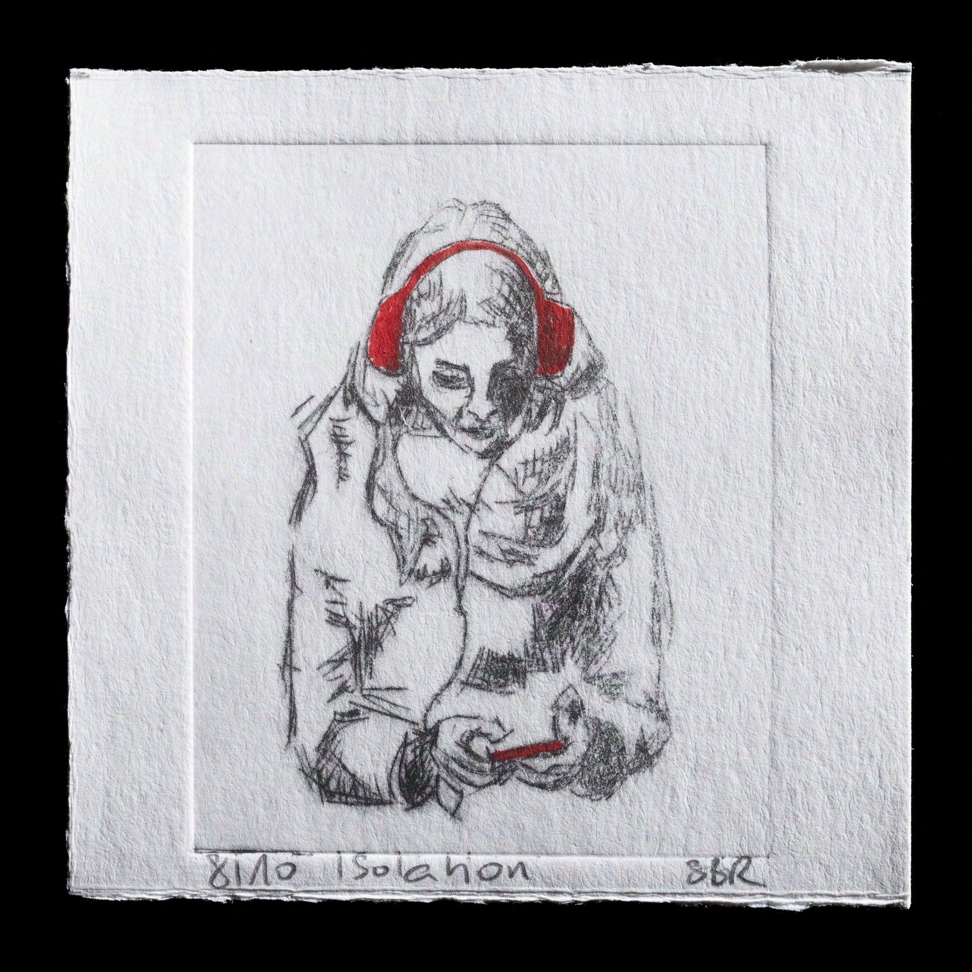 The artwork "Isolation" by Sybille Benedict-Rux is a striking piece that combines drypoint and watercolor techniques to convey a sense of solitude. The monochromatic color scheme, predominantly featuring shades of gray, evokes a somber mood, while the subtle incorporation of red accents adds a touch of warmth to the otherwise muted palette.