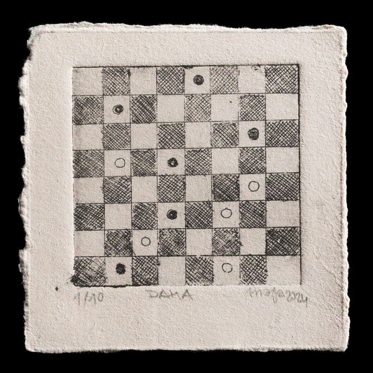 This etching print, titled 'Dama' by Maja Ljubi?, showcases a chessboard-inspired composition with subtle gray tones on a white background. The image features a grid pattern of squares, adorned with small circles in various sizes and positions, evoking the game of chess. A signature in the lower-right corner reads "Majaljubic," while handwritten notes below indicate the print's edition number (1/10) and title ("Dama").