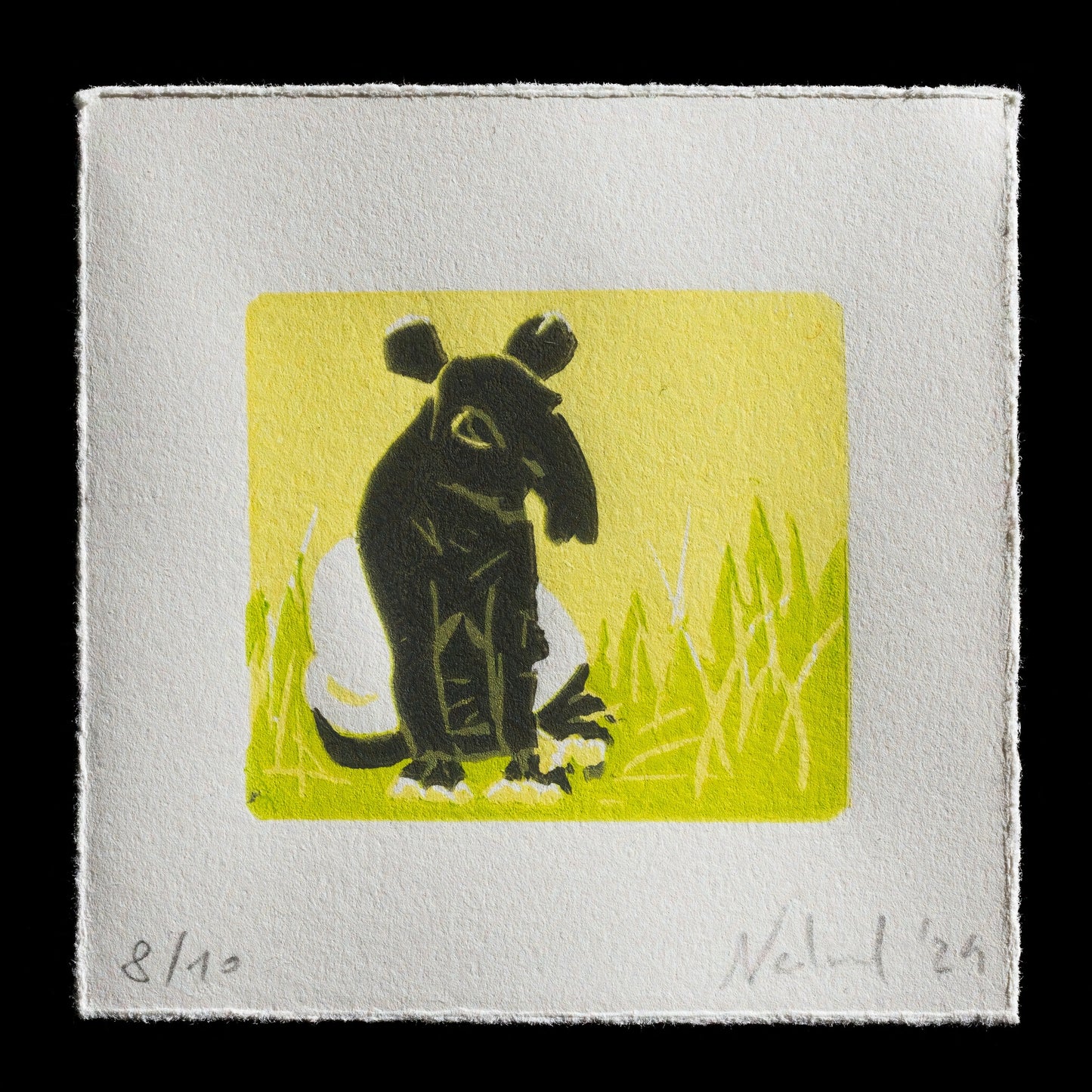This captivating linocut print, titled "Untitled" by Barbara Nedved, showcases a striking black mouse set against a vibrant yellow background with green grass. The artist's use of contrasting colors creates a visually appealing composition that invites the viewer to explore its details. With only one copy available (8/12), this unique piece is sure to captivate art enthusiasts and collectors alike.