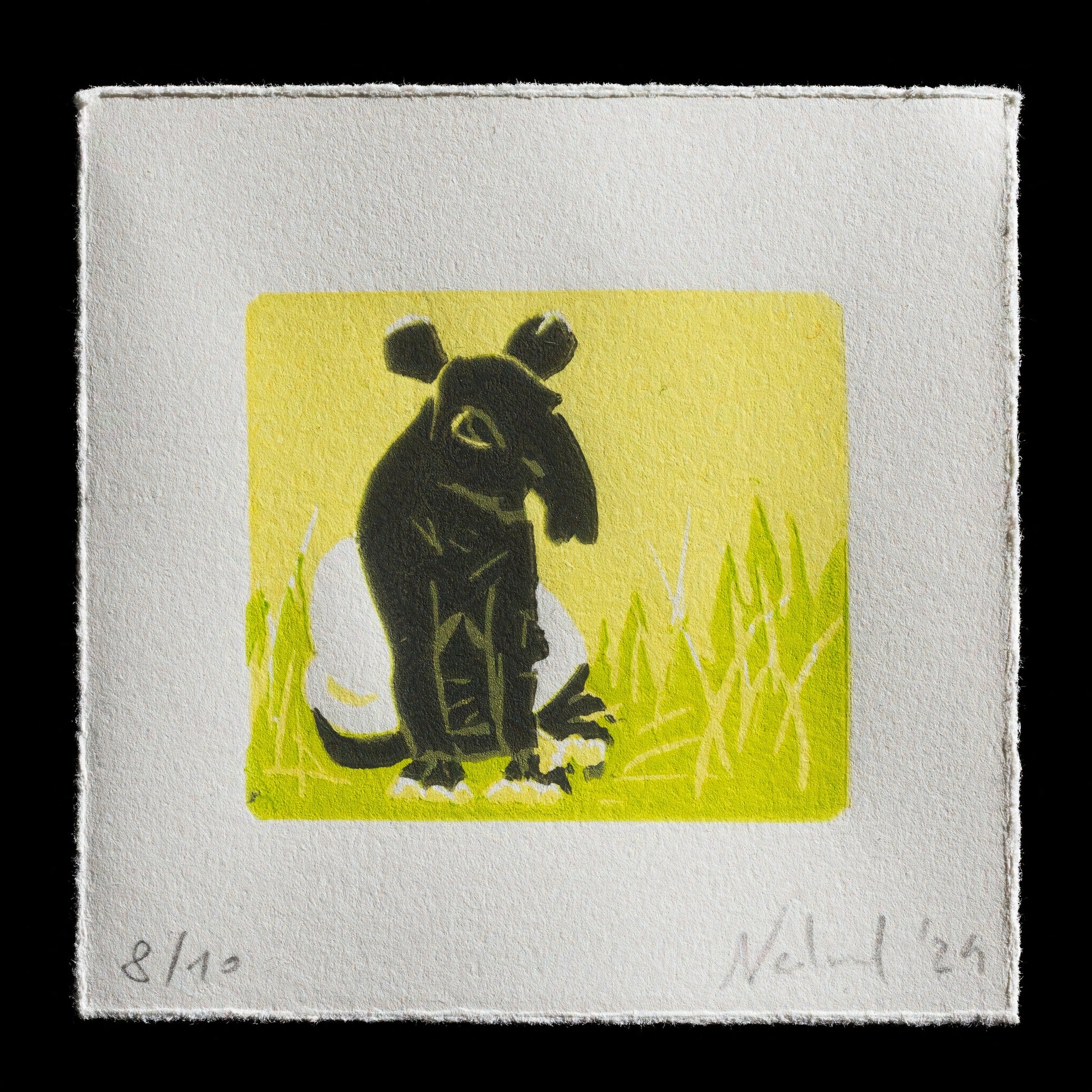 This captivating linocut print, titled "Untitled" by Barbara Nedved, showcases a striking black mouse set against a vibrant yellow background with green grass. The artist's use of contrasting colors creates a visually appealing composition that invites the viewer to explore its details. With only one copy available (8/12), this unique piece is sure to captivate art enthusiasts and collectors alike.