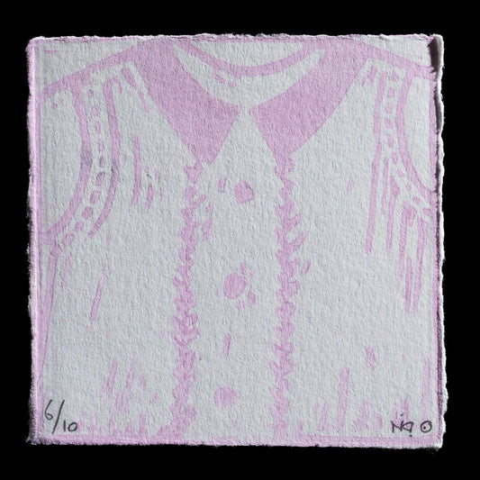 Here is a short SEO description for the print titled 'My pink baby dress' by Nicole Van den kroonenberg:

"Linocut print featuring a pink baby dress with intricate details, showcasing a delicate design on textured paper."