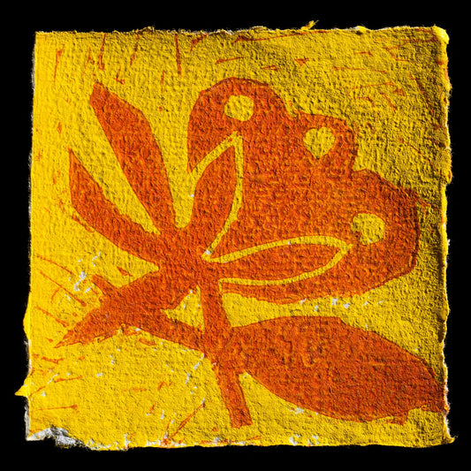 This vibrant linocut print, titled "Summer Leaves" by Jessamy Harvey, showcases a striking composition featuring large leaves in burnt orange on a bright yellow background. The artist's use of bold color and intricate texture adds depth and visual interest to this captivating piece.