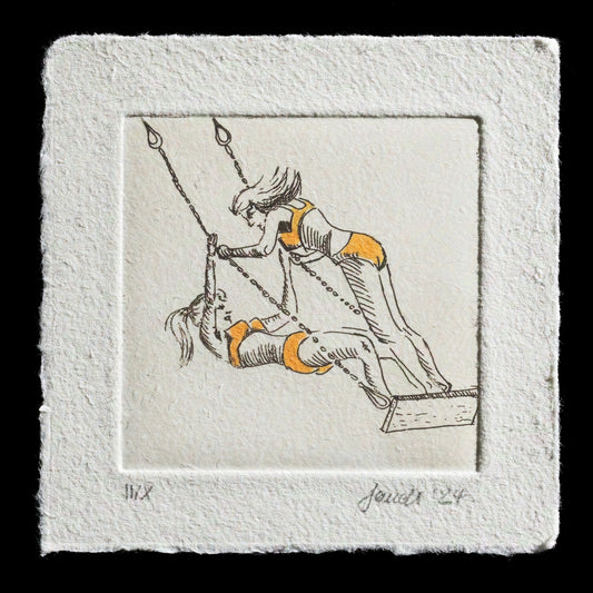 The image showcases a captivating etching titled "Swing" by Natja Jander. This artwork features two individuals engaged in playful swings, with one person holding onto a chain while the other sits atop it. The etching is rendered on textured paper and depicts a vibrant scene with a predominantly white background, accented by yellow details.