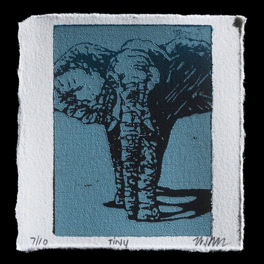 This captivating print, "Tiny" by Wendy Hauschildt, showcases a unique blend of techniques through its woodcut and laser-cut elements.

**Key Features:**

* A striking blue-gray color palette
* Intricate details that highlight the artist's skillful use of contrasting textures and tones
* A beautiful example of contemporary printmaking