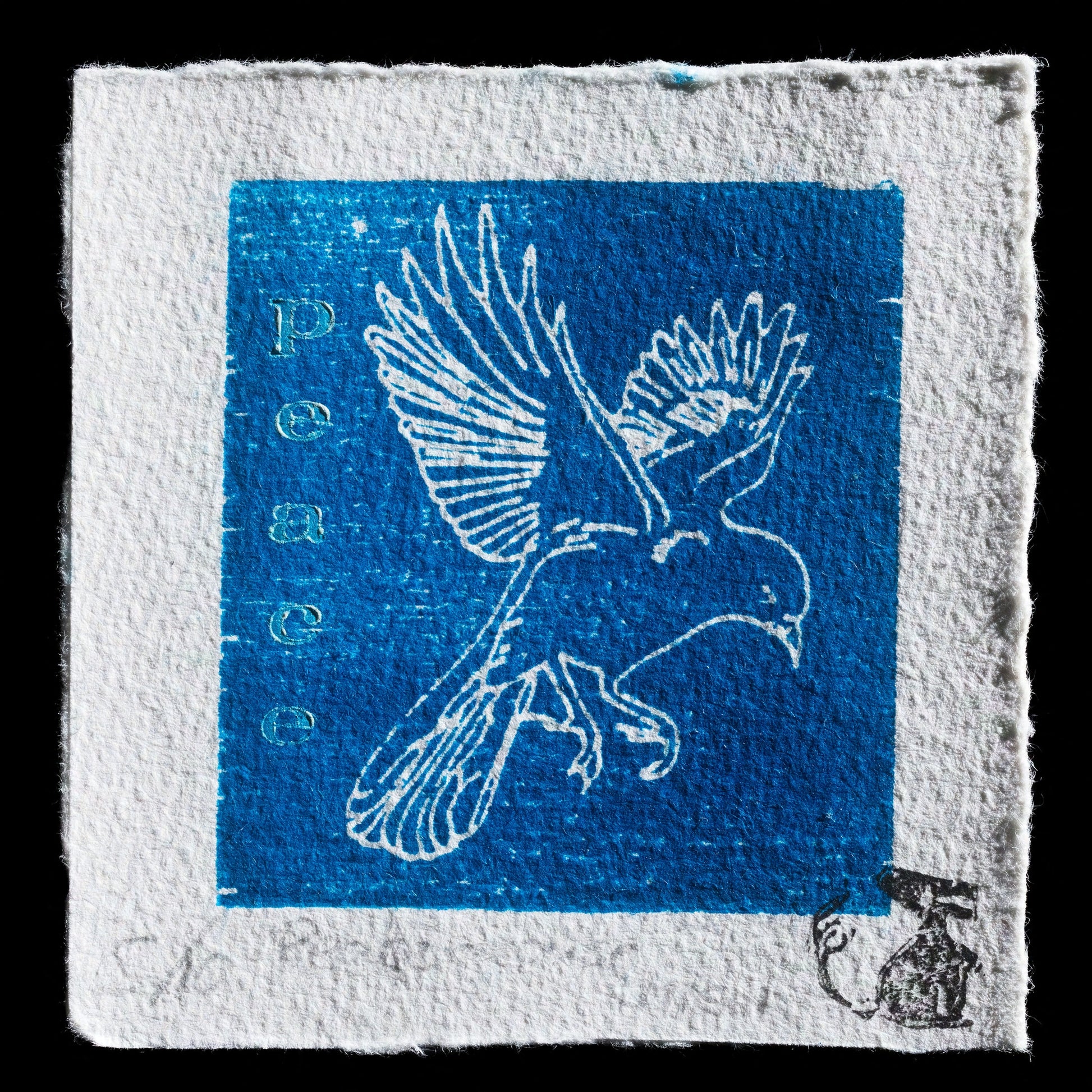The image depicts a blue square with a white dove in flight, surrounded by the word "Peace" inscribed vertically along its left side. Below the blue square is an engraved image of a grenade.

This artwork is titled 'Peace mousse' and features linocut and wood engraving techniques.