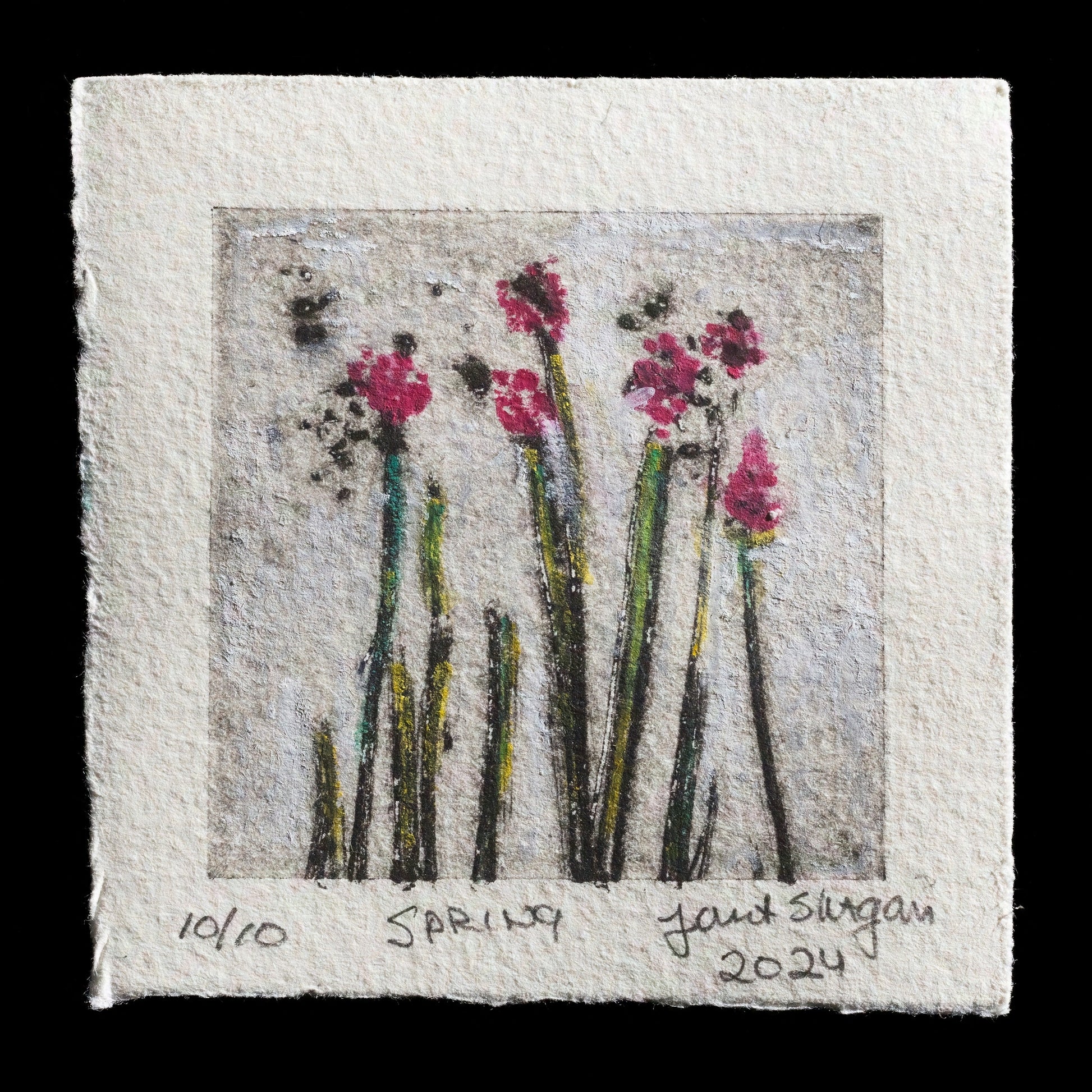 This captivating drypoint print by Janet Yagoda Shagam, titled 'Spring Flowers,' showcases delicate pink blooms set against a subtle gray background, evoking the essence of springtime. The artist's use of soft coloration and gentle composition creates a serene and inviting atmosphere, drawing viewers into the tranquil world of her artwork.