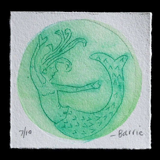 This captivating monochromatic watercolor print, "Morning Swim" by Barrie Sanders, showcases a whimsical fish design in soothing shades of green, blue, and gray. The artist's use of TetraPak techniques creates a textured effect, adding depth to the intricate illustration. The serene atmosphere evoked by this piece is perfect for those seeking a calming presence in their space.