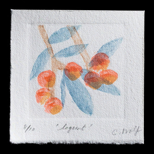 This stunning watercolor print showcases a delicate arrangement of loquats, expertly rendered in a palette of vibrant reds, oranges, and yellows against a crisp white background. The artist's signature style is evident in the subtle play of light on the fruit, evoking a sense of warmth and vitality.