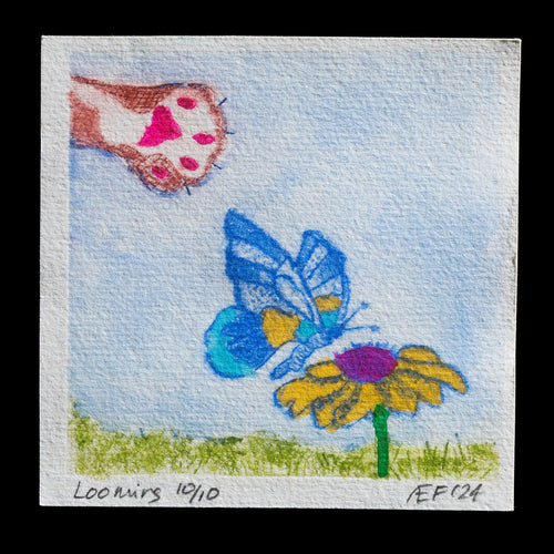 This print, titled 'Looming,' is a work by artist �leen Frisch. Created using watercolor techniques within TetraPak containers, it features a captivating scene with a butterfly in shades of blue and yellow perched on a flower with vibrant purple petals. The background showcases a serene sky above a lush grassy area, evoking a sense of tranquility and natural beauty.