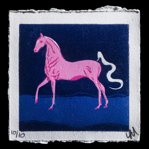 This linocut print features a striking pink horse set against a deep blue background. The bold color scheme and textured surface evoke a sense of depth and dimensionality.