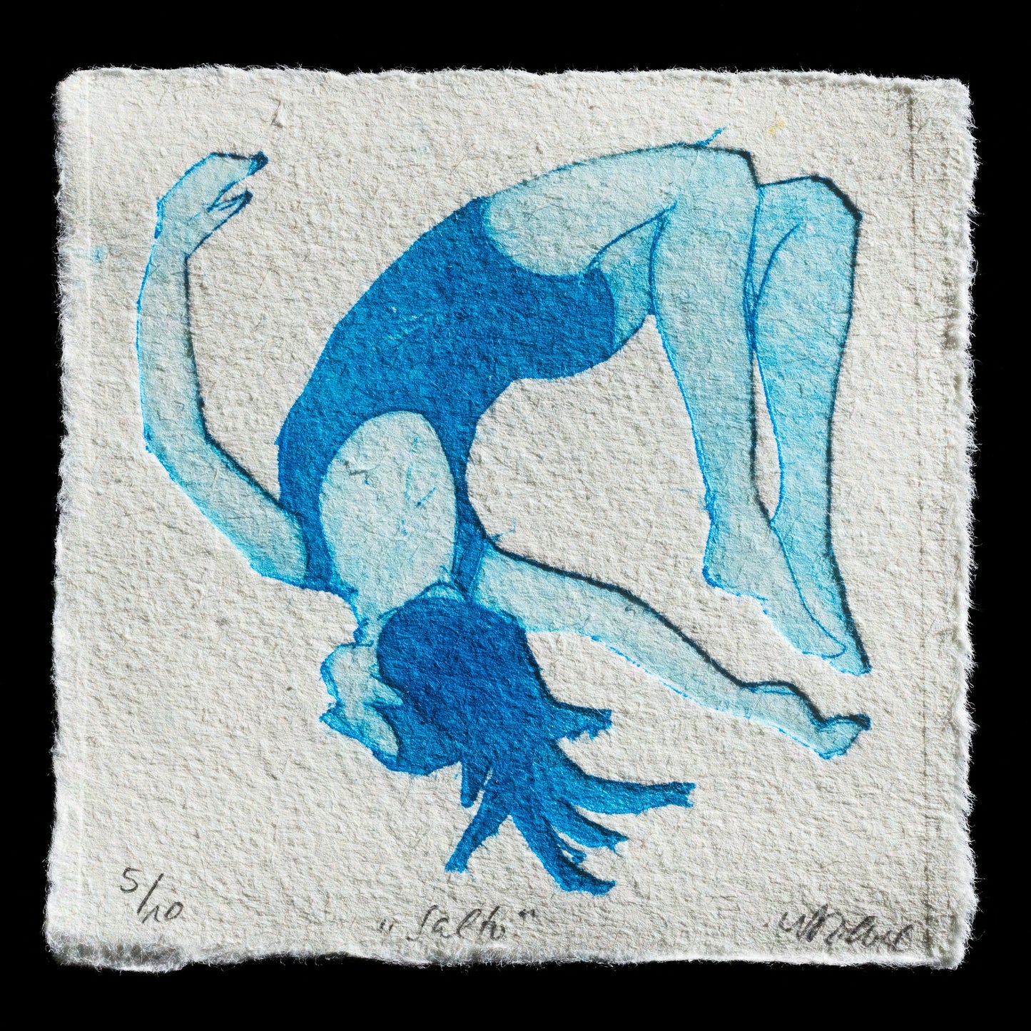 This etching by Sabine von Riewel is titled "Salto" and showcases a dynamic figure in mid-leap.

The vibrant blue color dominates the composition, while the background features a subtle off-white hue. The artist's use of drypoint and TetraPak techniques adds texture to the print.