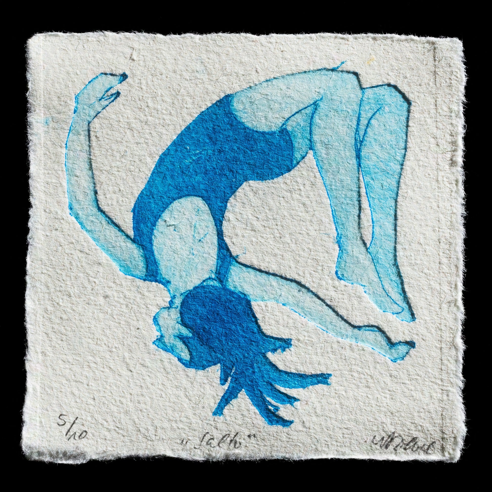This etching by Sabine von Riewel is titled "Salto" and showcases a dynamic figure in mid-leap.

The vibrant blue color dominates the composition, while the background features a subtle off-white hue. The artist's use of drypoint and TetraPak techniques adds texture to the print.