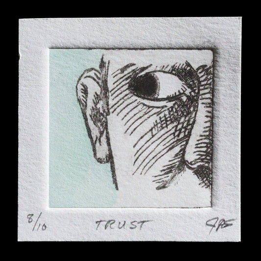 This print, "Trust" by Jay Ekleberry, showcases a detailed etching with mixed media elements, featuring intricate lines that evoke an eye and ear. The black ink dominates the image against a light blue background, creating a striking contrast.