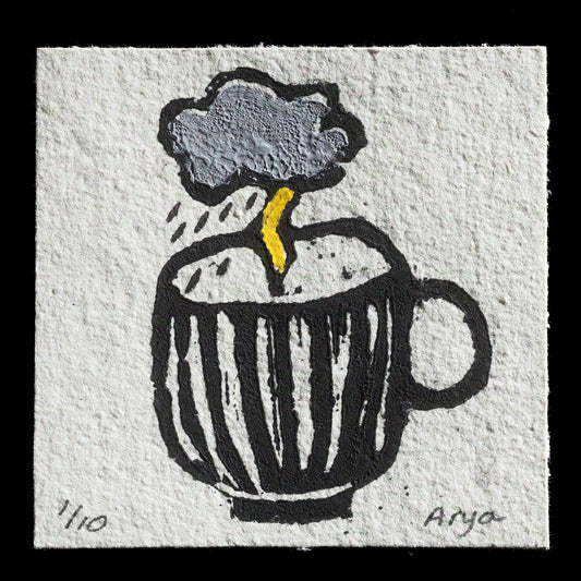 This captivating linocut print, titled "Storm in a Teacup" by Arya Dawood, features a striking image of a teacup with an overflowing flower emerging from it, symbolizing chaos and turmoil. The grey-brown tones of the background are accentuated by bold black lines and yellow highlights, creating a visually stunning piece that invites interpretation and contemplation.