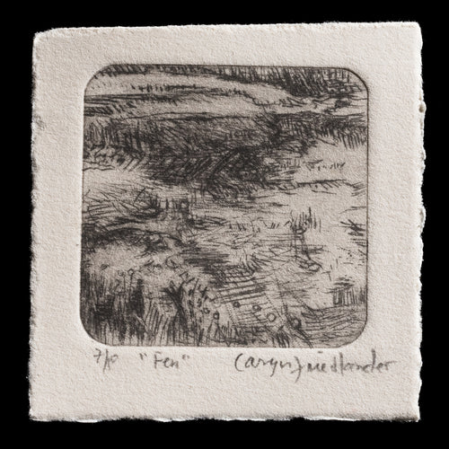 This drypoint print, 'Fen' by Caryn Friedlander, showcases a serene landscape with lush foliage in shades of green, brown, and tan, set against a neutral background.