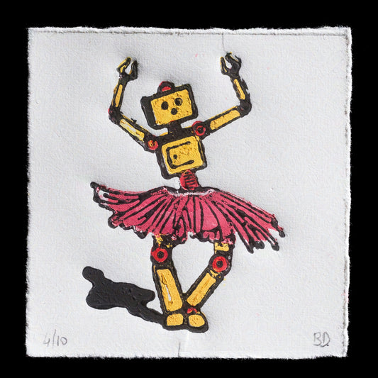 This captivating print, 'Robotic Expression,' showcases a striking yellow robot adorned with red accents, elegantly dressed in a pink tutu, evoking the iconic image of a ballerina. The artist's use of 3D printed plate techniques adds a unique dimension to this modern reimagining of classical dance.