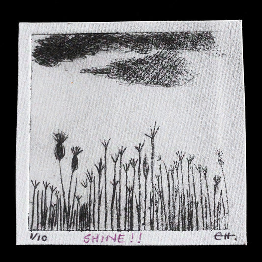 This monochromatic print depicts a serene landscape with a dark sky above tall grasses.

The artwork features an empty grayish-white sky dominated by a darker cloud at its center, while below it stands a row of slender black stems adorned with delicate flowers and seed pods. The artist's signature is discreetly placed in the bottom-right corner, accompanied by the title "SHINE!!" written in pink ink at the bottom edge.