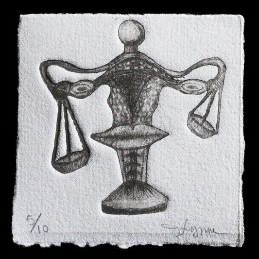This print, 'Unfair,' is a poignant work by Julie Lynne, employing intaglio and drypoint techniques to create a striking visual statement.

**Key Features:**

� A delicate scale with uneven weights on each side
� A subtle yet powerful commentary on the theme of unfairness

**Technical Details:**

� Created using intaglio and drypoint techniques
� Unique identifier: 5/10
