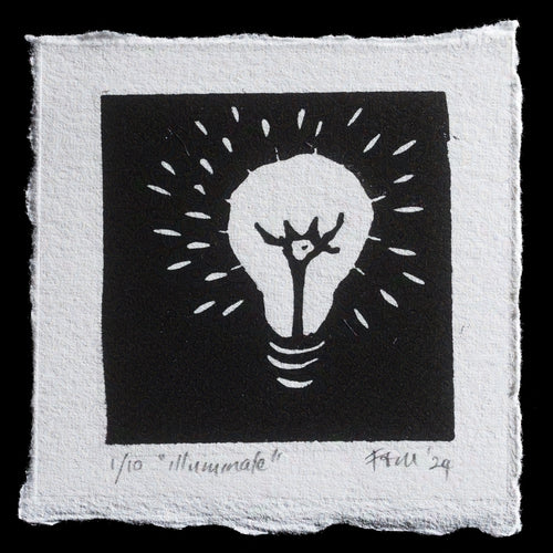 This image depicts a black-and-white print featuring a stylized lightbulb design.

The print showcases a striking contrast between the white lightbulb and black background, with a subtle gradient effect that adds depth to the composition. The artist's signature is discreetly placed in the lower right corner, while the title 