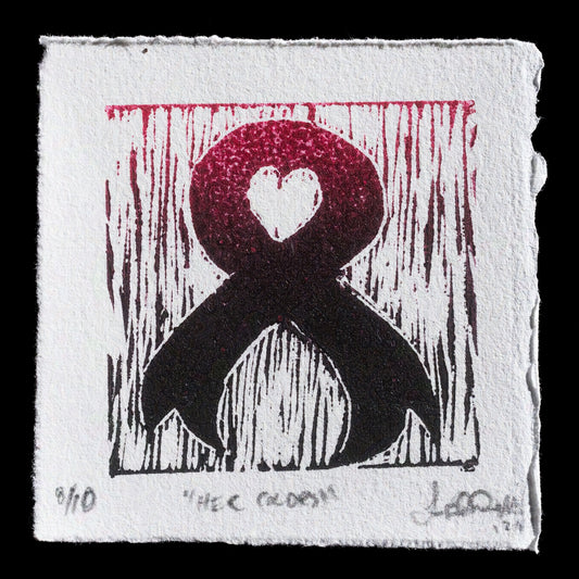This linocut relief print, titled "Her Colors" by Jonathan Wright, features a striking design with an abstract figure at its center. The figure is rendered in black ink, while the background is adorned with red drips that evoke a sense of dynamic energy. The bold color palette and intricate details make this piece a captivating addition to any art collection.