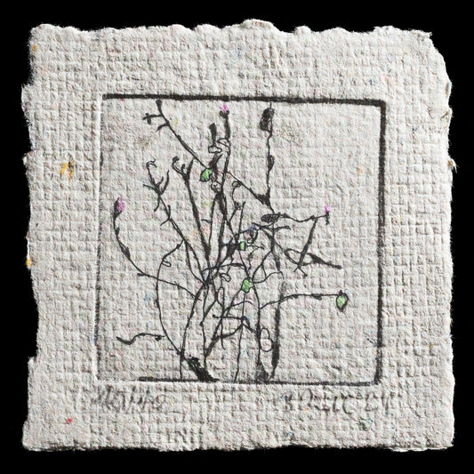 This captivating print, titled "Twigs" by Birgit Zartl, showcases a delicate arrangement of twigs and leaves etched onto handmade paper using intaglio and hand-rolled techniques with ink. The intricate details are accentuated by subtle touches of green and pink.