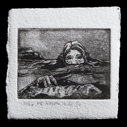 The artwork "Selkie" by ML. Wasiela is a captivating piece created using intaglio techniques, featuring a striking etching that showcases aquatinting effects. The print is characterized by its intricate details and nuanced color palette, which adds depth to the overall composition. The title 'Selkie' suggests a connection to mythological or folkloric themes, inviting viewers to explore the artwork's narrative context.