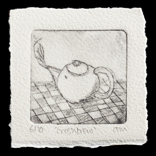 This etching features a teapot with a leaf handle, set against a grid-patterned tablecloth. Created by Andy McKenzie using drypoint techniques, the monochromatic artwork showcases a simple yet effective composition that captures the essence of a traditional tea setting. The subtle play on light and shadow highlights the delicate curves of the teapot, inviting the viewer to appreciate the beauty in everyday objects.