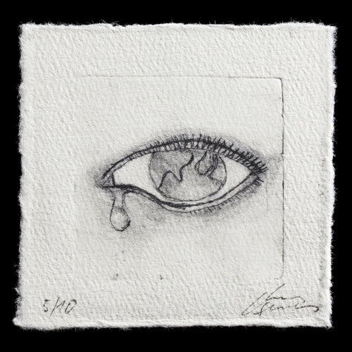 The image depicts an etching titled 'Gaia' by Clemens Suerbaum, showcasing a close-up view of a crying eye with tears streaming down its cheek, rendered in black ink on white paper. The artwork is signed in the lower-right corner and numbered 