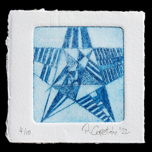 Here is a rewritten SEO description that meets the requirements:

**Title:** Five-Pointed Star
**Artist:** Philip Copestake
**Technique:** Drypoint

A blue-toned print of a five-pointed star, created using drypoint techniques by artist Philip Copestake.