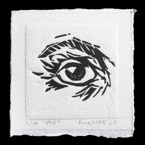 The image features a black-and-white print of an eye, titled 'Eye' by Frances Melhop, created using the technique of relief printing. The artwork showcases a stylized representation of an eye in black ink on white paper, with subtle texture visible throughout.