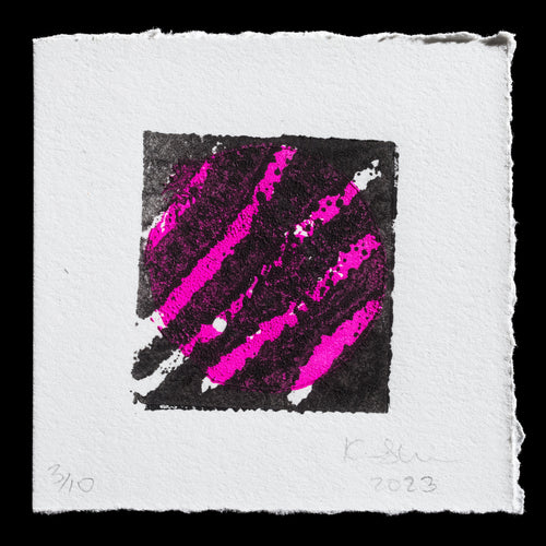 This abstract print, titled 'Flesh/Fantasy', showcases a striking composition featuring bold pink brushstrokes against a charcoal grey background, evoking a sense of vibrant contrast. Created by Kathryn Shaw using relief printing techniques, this piece is dated 2023 and numbered 3/10. The artist's use of color creates a dynamic interplay between the two hues, inviting viewers to explore its underlying meaning.