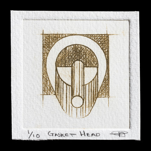 This drypoint print by Antonio D'Souza showcases a detailed illustration of a gasket head. The monochromatic color scheme features dark brown lines on white paper, with subtle shading and intricate textures adding depth to the image.