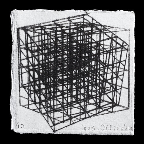 The image depicts an untitled artwork by Louise Ockenden, created using drypoint techniques. The monochromatic print features a geometric composition with intersecting lines on a white background.