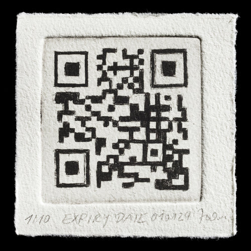 This print, 'EXPIRY DATE 010124' by Carla Zockoll, features a QR code rendered in bold black ink on textured paper with a subtle white hue. The artist's use of drypoint technique adds depth to the composition, creating a visually striking piece that invites exploration and interpretation.