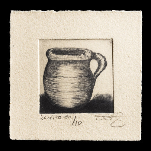 This print features a monochromatic still life titled 'El Jarrito' by Humberto Saenz, showcasing his mastery of the drypoint technique. The artwork displays a delicate balance of shadows and highlights in shades of gray, with intricate lines etched into the paper to create depth and texture.